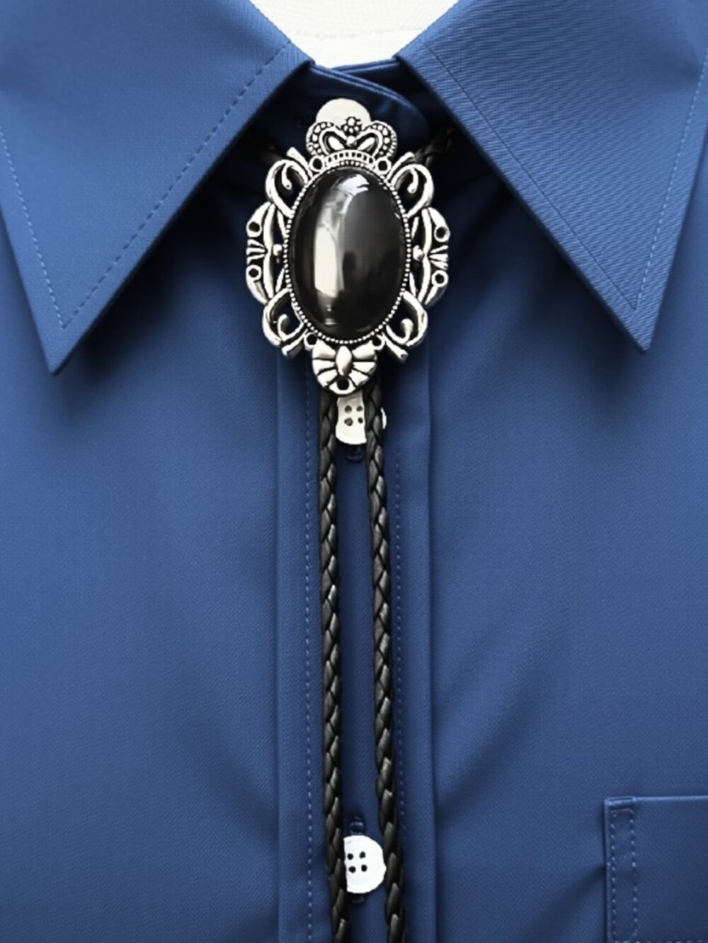 NWT Silver Tone Western Bolo Tie 40" Vintage Black Agate Stone Cowboy Goth